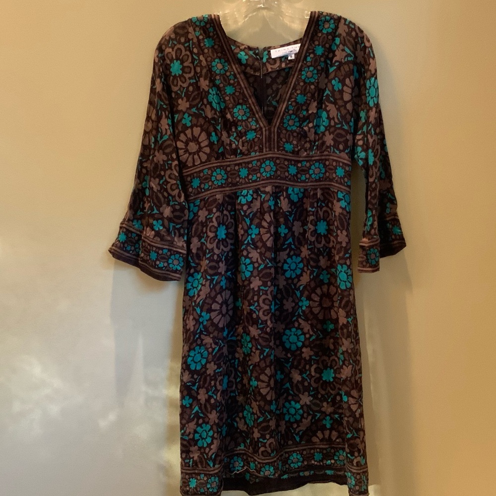 Trina Turk floral dress in brown and turquoise